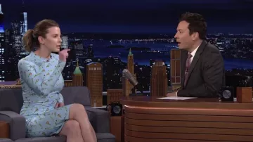 Printed Dress in blue worn by Betty Gilpin as seen in The Tonight Show Starring Jimmy Fallon