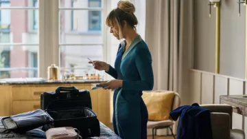 Blue Color Block Dress worn by Cassie Bowden (Kaley Cuoco) as seen in The Flight Attendant TV series outfits (Season 2 Episode 1)