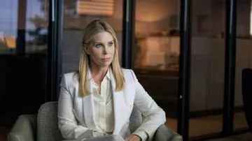 White Blazer Jacket worn by Dot Karlson (Cheryl Hines) as seen in The Flight Attendant TV show wardrobe (Season 2 Episode 1)