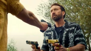 Blue patterned shirt worn by Nick Cage / Nicky (Nicolas Cage) in The Unbearable Weight of Massive Talent