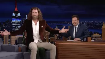 Brown Blazer Jacket worn by Rhett James McLaughlin as seen in The Tonight Show Starring Jimmy Fallon on April 26, 2022