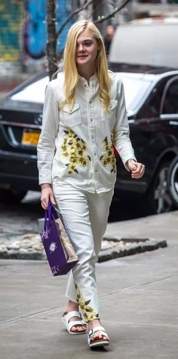 Printed Shirt and Pants worn by Elle Fanning out in New York walking around Soho in 2014