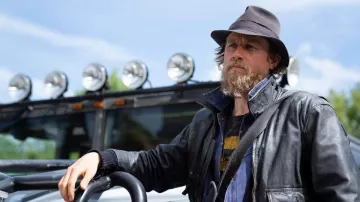 Leather zip jacket worn by Charlie Waldo (Charlie Hunnam) as seen in Last Looks movie outfits