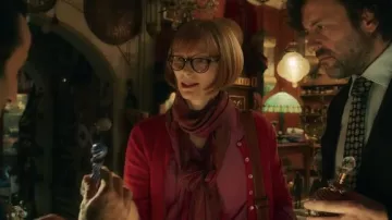 Red cardigan worn by Alithea Binnie (Tilda Swinton) as seen in Three Thousand Years of Longing movie wardrobe