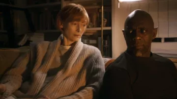 Grey wool cardigan worn by Alithea Binnie (Tilda Swinton) as seen in Three Thousand Years of Longing