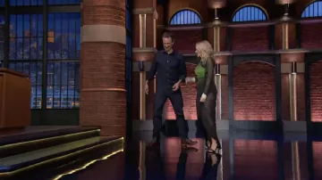 Green and black long dress worn by Kylie Minogue as seen in Late Night with Seth Meyers