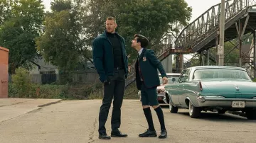 Blue zip jacket worn by Luther Hargreeves (Tom Hopper) as seen in The Umbrella Academy TV series outfits (Season 2 Episode 9)