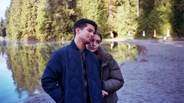 Blue quilted bomber jacket worn by Aidan (Jordan Fisher) as seen in Hello, Goodbye and Everything In Between movie