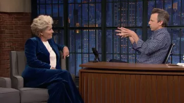 Blue velvet blazer jacket and pants worn by Emma Thompson in Late Night with Seth Meyers
