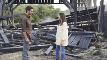 Ivory coat jacket worn by Geri Broussard (Odette Annable) as seen in Walker TV series outfits (Season 2 Episode 20)