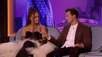 Black Dress with white cold worn by Tessa Thompson as seen in The Late Late Show with James Corden