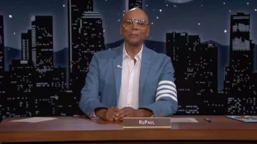 Blue blazer with white stripes on sleeve worn by RuPaul in Jimmy Kimmel Live!