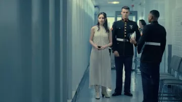 White long dress worn by Cassie (Sofia Carson) as seen in Purple Hearts movie