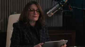 Checkered black suit blazer worn by Cinda Canning (Tina Fey) as seen in Only Murders in the Building (S02E06)