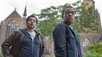 Brown leather jacket worn by Brad de Vries (Luke Allen-Gale) as seen in Van der Valk TV series outfits (Season 1 Episode 2)