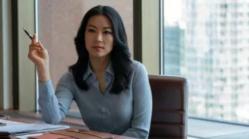 The blue shirt worn by Ingrid Yun (Arden Cho) in the series Career Plan (Season 1 Episode 7)