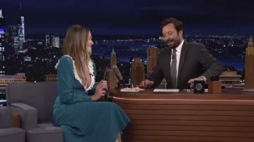 Blue dress with white Lace Collar worn by Margot Robbie as seen in The Tonight Show Starring Jimmy Fallon