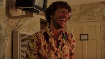 Button Up with autumn looking leaves and red curvy vertical lines worn by Chester Conklin (Hayes MacArthur) as seen in I'm Just F*ck­ing with You movie (Into the Dark)