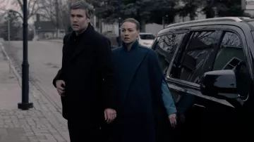Navy Blue Long Cape Coat worn by Serena Joy Waterford (Yvonne Strahovski) as seen in The Handmaid's Tale (S05E04)