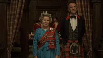 Blue dress worn by Queen Elizabeth II (Imelda Staunton) as seen in The Crown TV show outfits (Season 5)