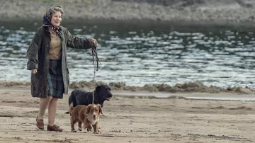 Kaki Long Coat worn by Queen Elizabeth II (Imelda Staunton) as seen in The Crown TV show wardrobe (Season 5)