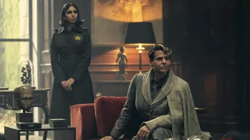 Checkered Cape Blazer Jacket ensemble worn by Ainsley Lowbeer (Alexandra Billings) as seen in The Peripheral (S01E07)