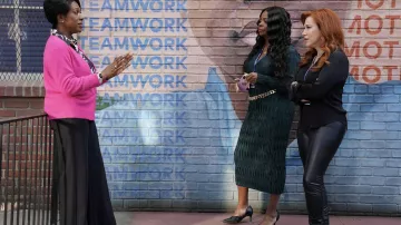 Leather pants worn by Melissa Schemmenti (Lisa Ann Walter) as seen in Abbott Elementary wardrobe (S02E07)