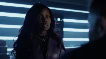 Purple leather jacket worn by Kory Anders (Anna Diop) as seen in Titans TV show wardrobe (Season 4 Episode 2)