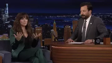Dark green satin suit blazer jacket and pants worn by Linda Cardellini in The Tonight Show Starring Jimmy Fallon