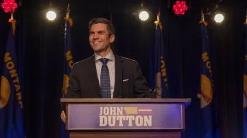 Checkered blue tie worn by Jamie Dutton (Wes Bentley) as seen in Yellowstone TV series outfits (S05E01)