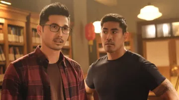 Red plaid shirt worn by Ryan Shen (Jon Prasida) as seen in Kung Fu TV show (S03E07)
