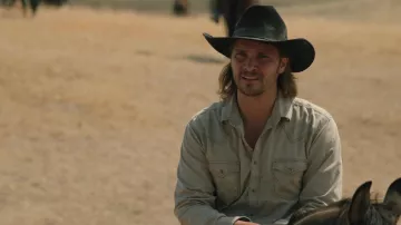 Wrangler denim shirt worn by Kayce Dutton (Luke Grimes) as seen in Yellowstone TV show wardrobe (Season 5 Episode 7)