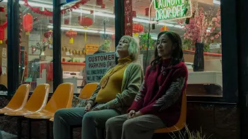 Red "Punk" Cardigan worn by Evelyn Wang (Michelle Yeoh) in Everything Everywhere All at Once movie