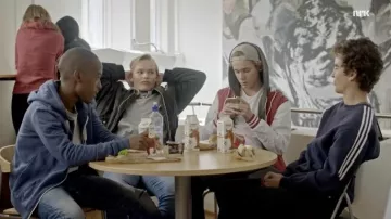 Letterman-style jacket worn by Isak Valtersen (Tarjei Sandvik Moe) in SKAM TV series (Season 3 Episode 1)