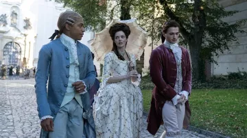 Floral print umbrella worn by Marie-Josephine (Samara Weaving) as seen in Chevalier