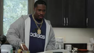 Adidas blue tee worn by Sha Raider (Shameik Moore) as seen in Wu-Tang: An American Saga TV series (S03E02)
