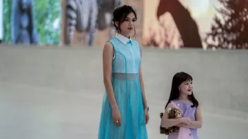 Blue transparent dress worn by Natasha Alper (Gemma Chan) as seen in Extrapolations (Season 1)
