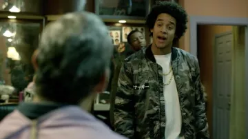 Camo bomber jacket worn by Osner (Jerry Sanchez) as seen in Narcos (S03E02)