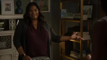 Burgundy dress worn by Poppy Scoville-Parnell (Octavia Spencer) as seen in Truth Be Told TV show wardrobe (Season 3 Episode 6)