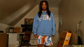 R-Town blue sweatshirt worn by Dre (Dominique Fishback) as seen in Swarm TV series (Season 1)