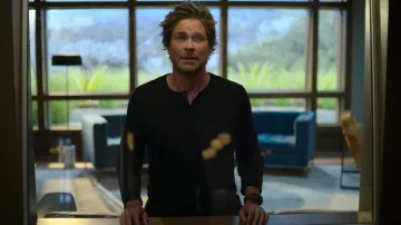 Henley top in black worn by Ellis Dragon (Rob Lowe) as seen in Unstable TV show (S01E08)