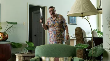 Printed pajamas worn by Roger (Nathan Lane) as seen in Beau Is Afraid movie outfits