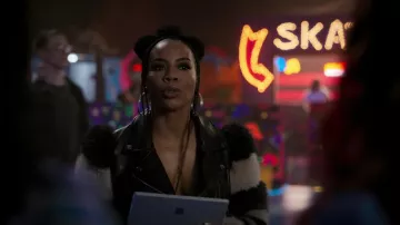 Leather and fur jacket worn by Tick-Tock (Brandee Evans) as seen in Pretty Stoned