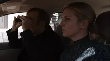 Blue ribbed poloneck top worn by Kim Wexler (Rhea Seehorn) in Better Call Saul TV series (Season 6 Episode 1)