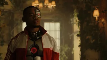 Adidas red and white zip jacket worn by Cyborg (Joivan Wade) as seen in Titans (Season 4 Episode 10)