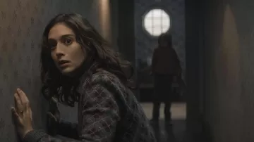 Argyle Grey Cardigan worn by Carol (Lizzy Caplan) as seen in Cobweb