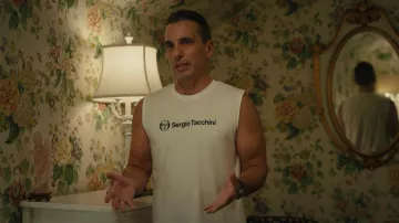 White Sergio Tacchini tank top worn by Sebastian (Sebastian Maniscalco) as seen in About My Father