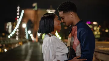 Color block Leather Jacket worn by Eric (Keith Powers) as seen in The Perfect Find