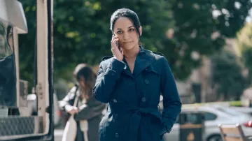 Trench coat worn by Zahra Gahfoor (Archie Panjabi) as seen in Hijack TV show wardrobe (Season 1 Episode 2)