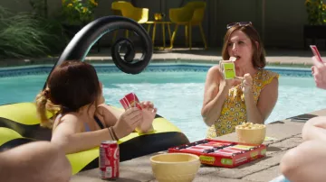 Yellow printed dress worn by Pat Dubek (Molly Shannon) in The Other Two (Season 3 Episode 9)